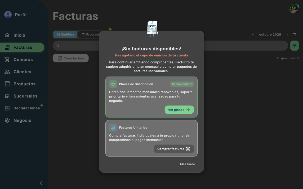 Diálogo ¡Sin facturas disponibles! - Escritorio (tema oscuro)