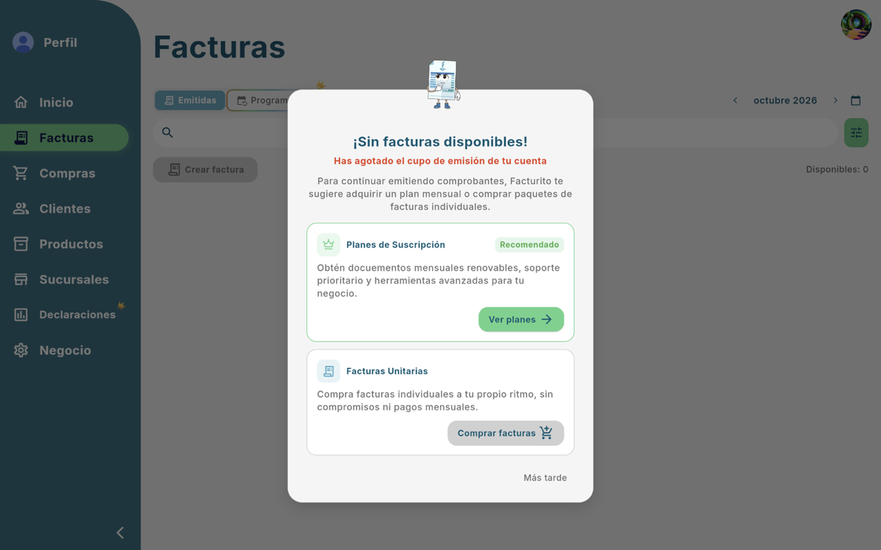 Diálogo ¡Sin facturas disponibles! - Escritorio