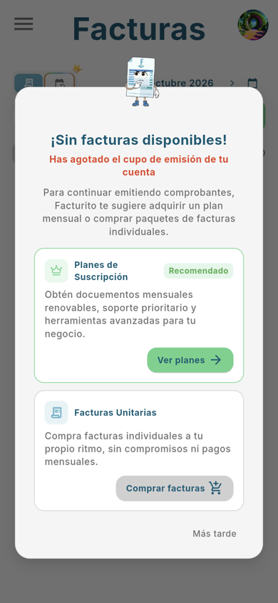 Diálogo ¡Sin facturas disponibles! - Móvil