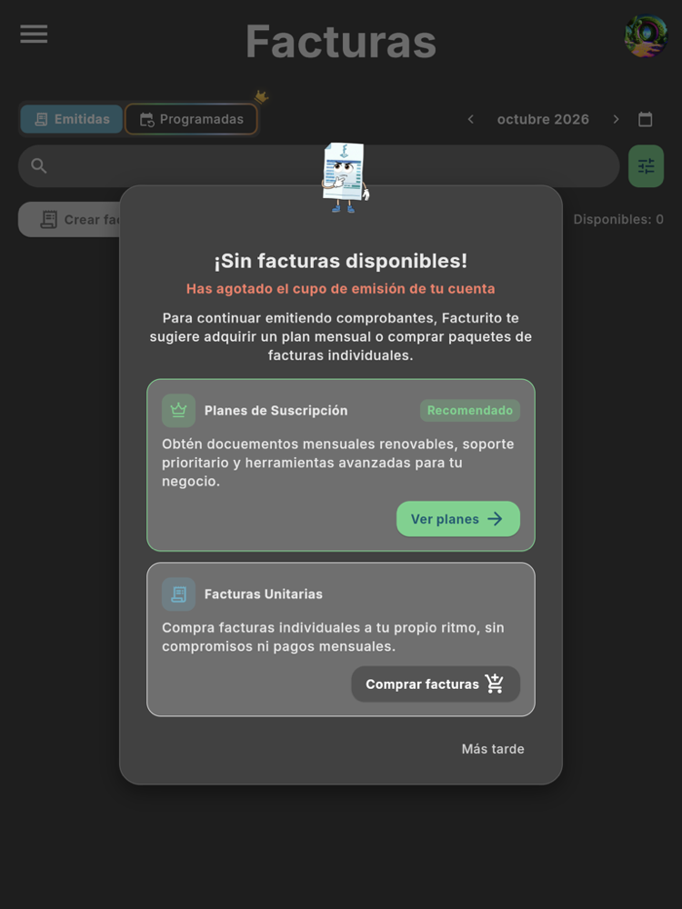 Diálogo ¡Sin facturas disponibles! - Tablet (tema oscuro)