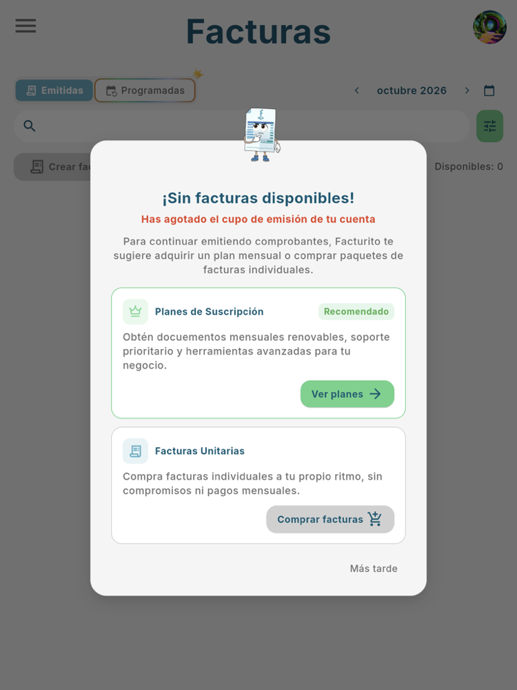 Diálogo ¡Sin facturas disponibles! - Tablet