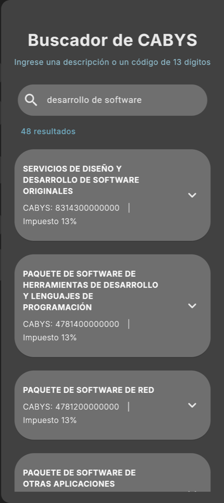 Buscador de CABYS (tema oscuro)