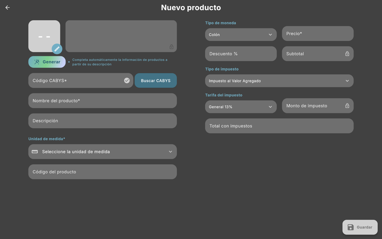 Formulario Nuevo producto - Escritorio (tema oscuro)