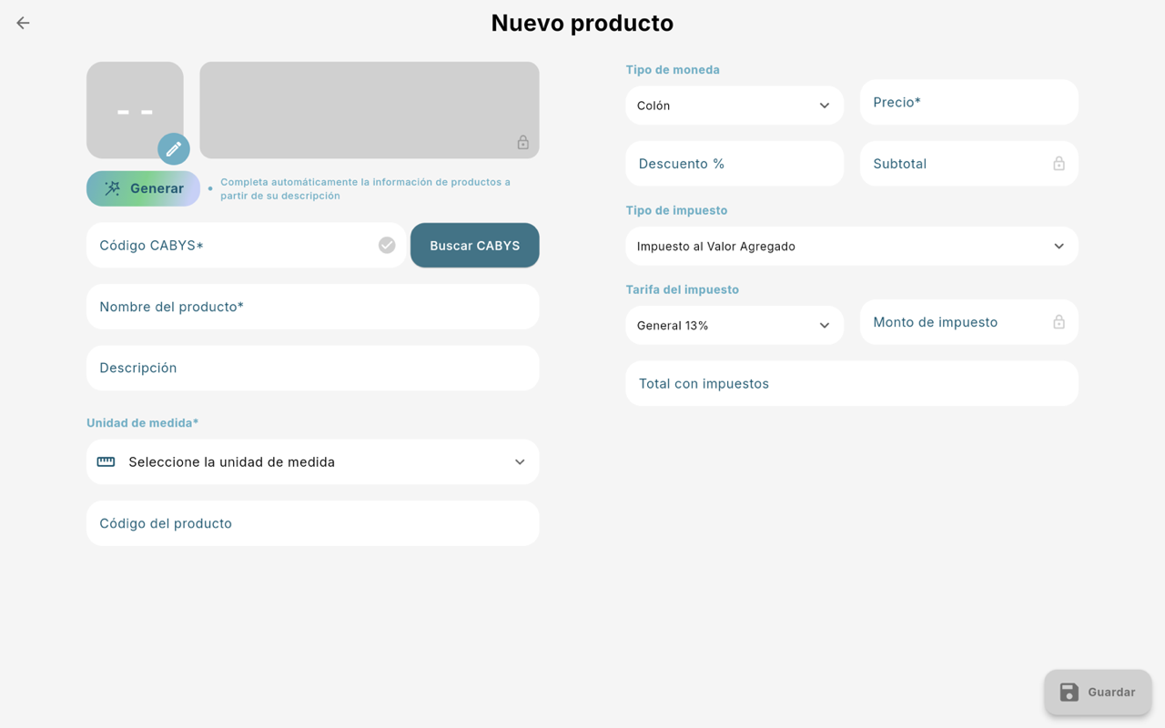 Formulario Nuevo producto - Escritorio