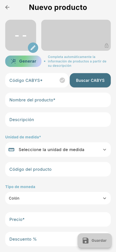 Formulario Nuevo producto - Móvil