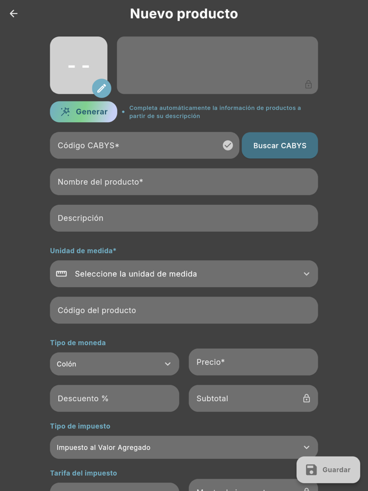Formulario Nuevo producto - Tablet (tema oscuro)