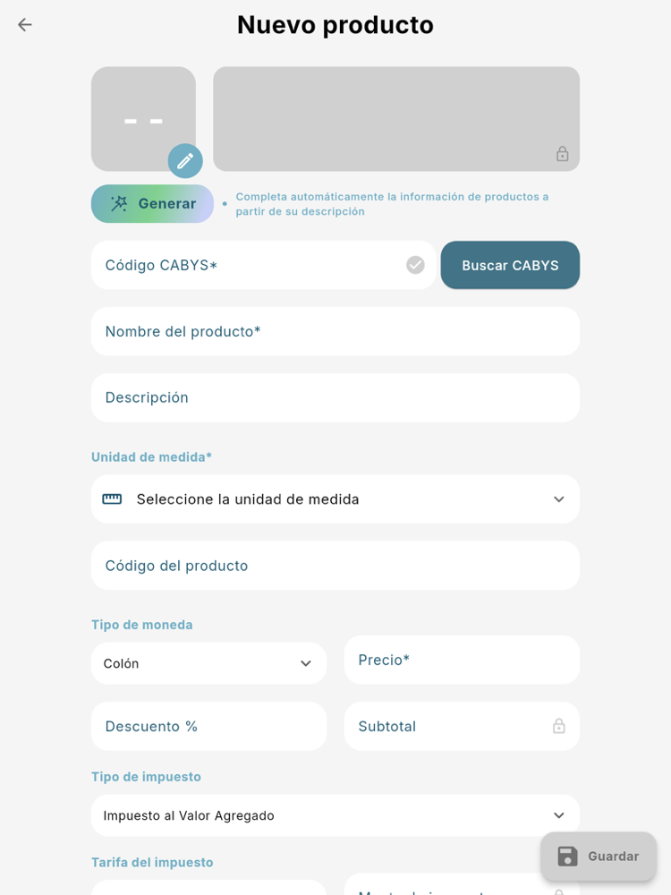 Formulario Nuevo producto - Tablet