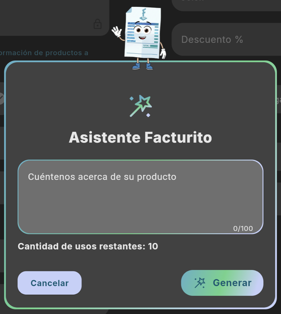Asistente Facturito: describe tu producto (tema oscuro)
