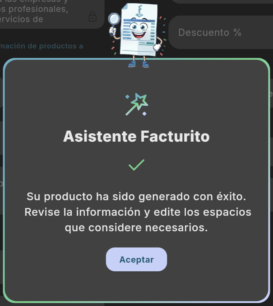 Producto generado con éxito: revisa y edita (tema oscuro)