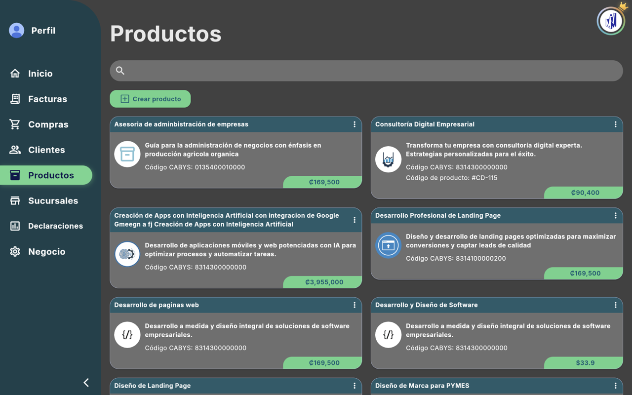 Productos - Escritorio (tema oscuro)