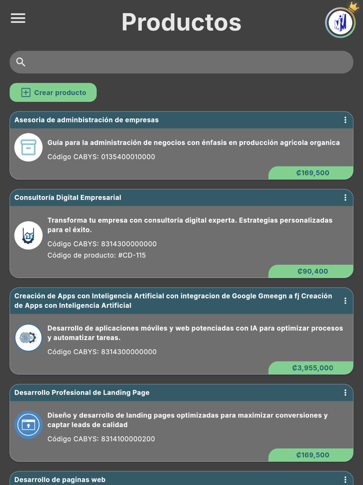 Productos - Tablet (tema oscuro)