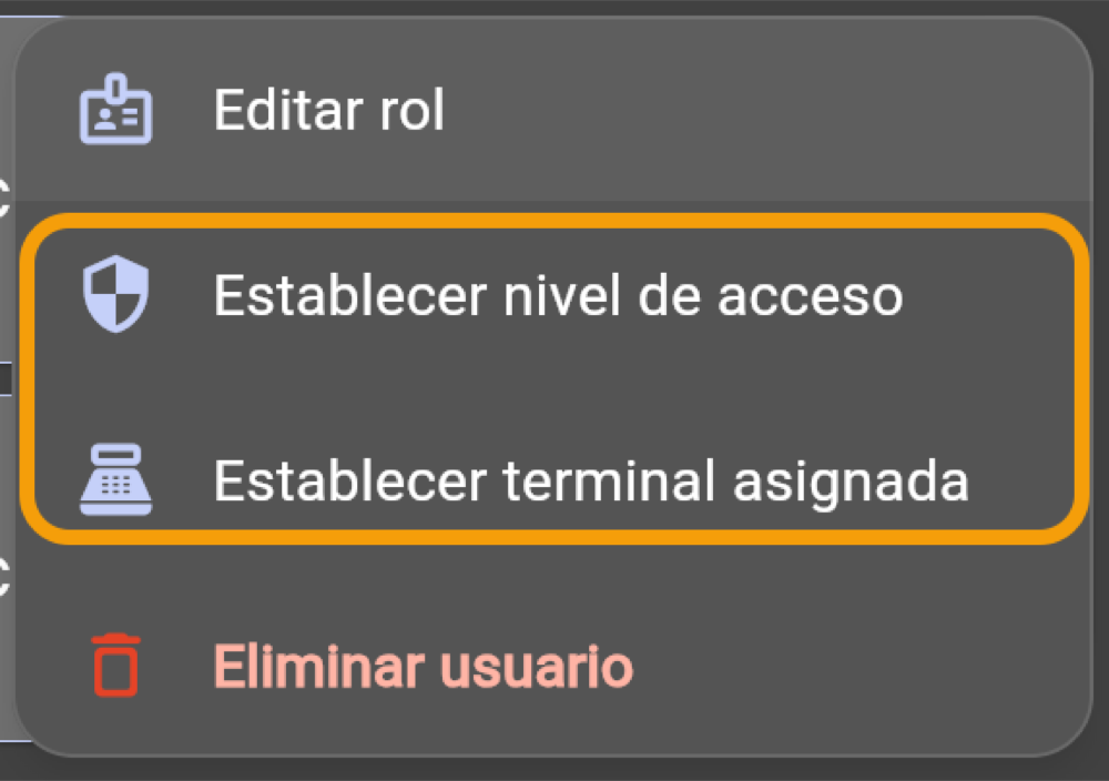Menú de cada usuario: nivel de acceso y terminal asignada (tema oscuro)
