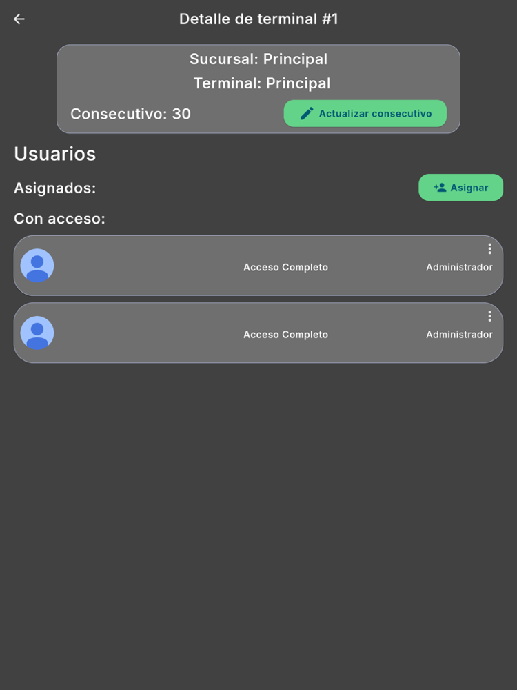 Detalle de una terminal - Tablet (tema oscuro)